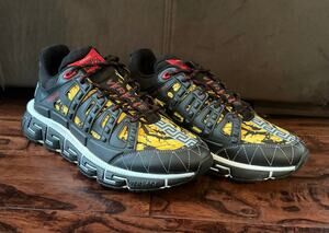 $990 NIB Versace Logo Baroque Black Gold Trifecta Low Fashion Men Sneakers 13/46